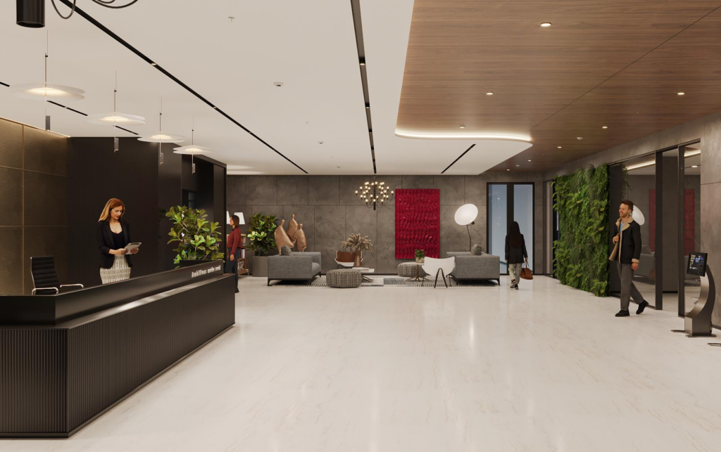 polished marble flooring, dark stone reception desk, sculptural pendant lighting, red textile art wall, green living wall.
